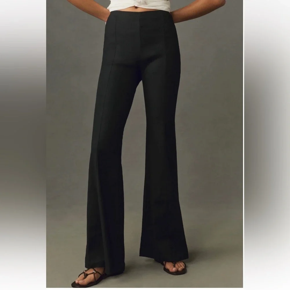 Anthropologie High-Rise Flare Linen Pants Black 10P | NWT $138 Trousers - Picture 1 of 11